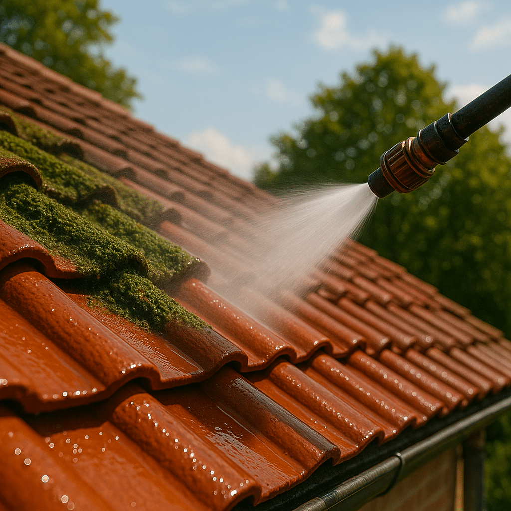 Jet d'eau haute pression nettoyant la mousse verte sur une toiture en tuiles rouges. Une partie est déjà propre et brillante.