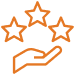 Icône orange: une main ouverte soutenant trois étoiles, symbolisant qualité, excellence, récompense et service premium.